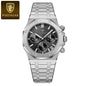 Alcom Distribution silver stainless steel men's quartz chronograph watch with black textured dial and date