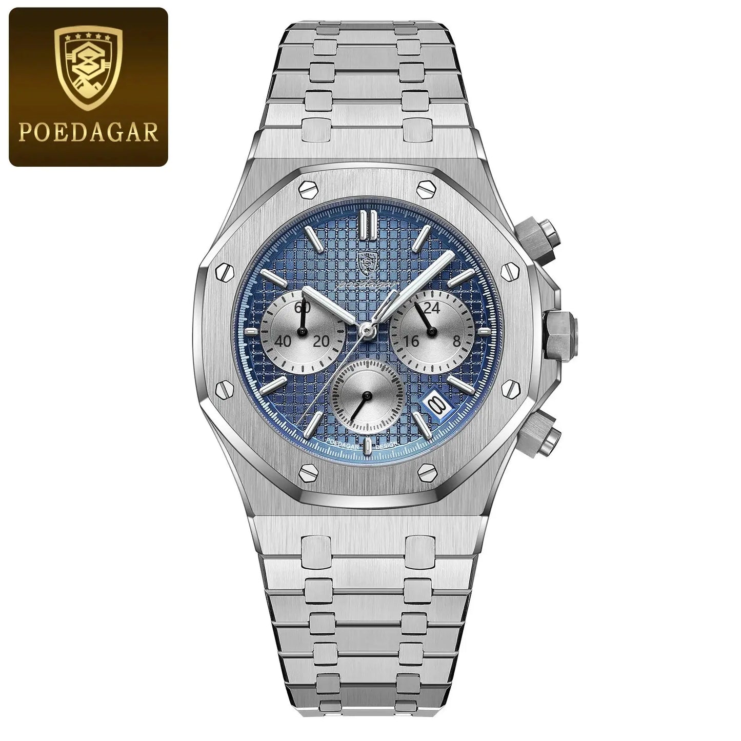 Alcom Distribution men's quartz chronograph watch stainless steel bracelet blue textured dial three silver subdials