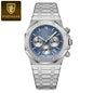 Alcom Distribution men's quartz chronograph watch stainless steel bracelet blue textured dial three silver subdials