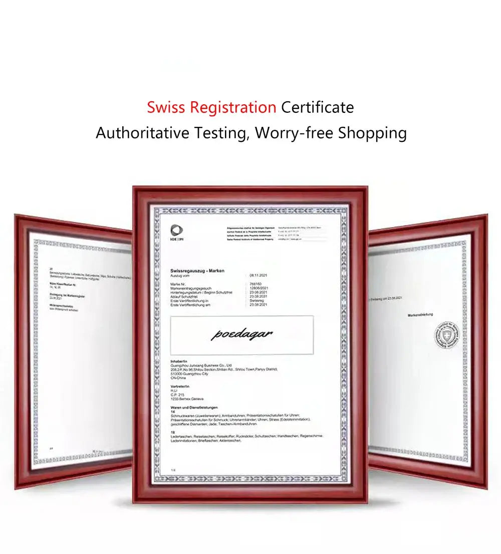 Alcom Distribution Swiss registration certificates in wooden frames showing product paperwork and men's quartz chronograph watch