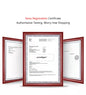 Alcom Distribution Swiss registration certificates in wooden frames showing product paperwork and men's quartz chronograph watch