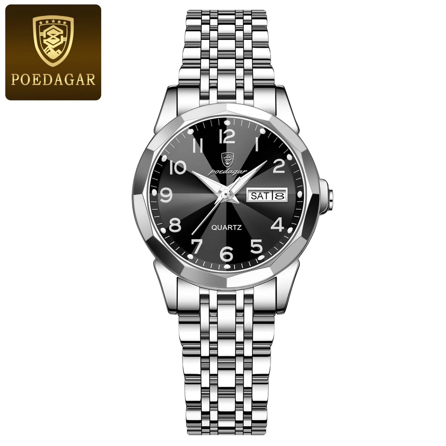 POEDAGAR women's watch with silver metal band and black dial showing date and day