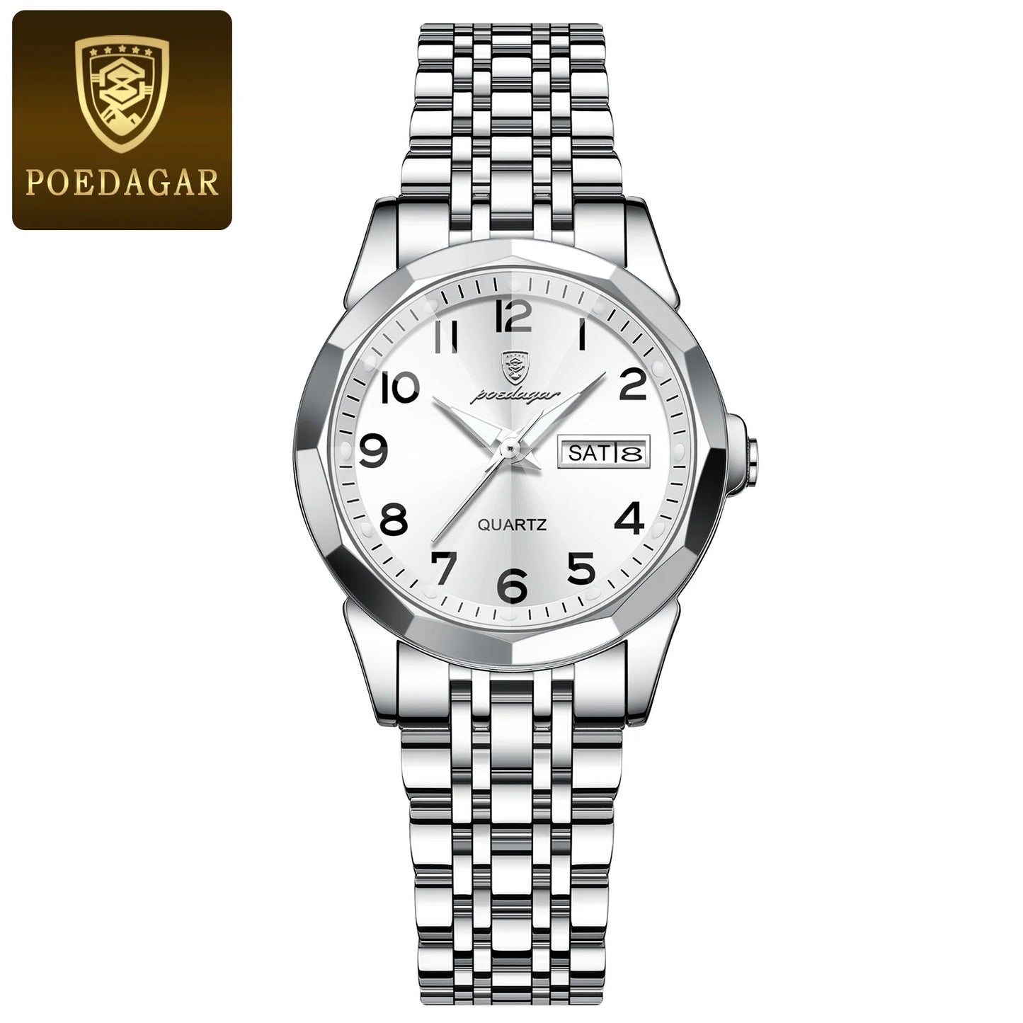 POEDAGAR women's watch silver stainless steel band with white dial and date display