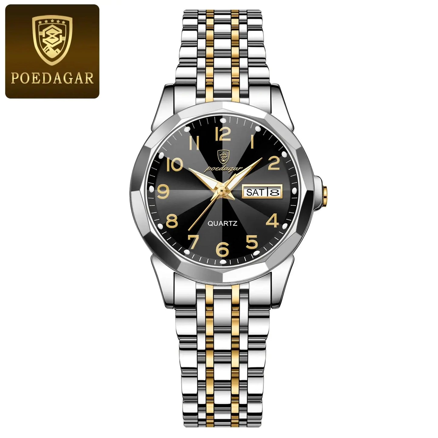 POEDAGAR women's watch with black dial and two-tone silver and gold metal band by Alcom Distribution
