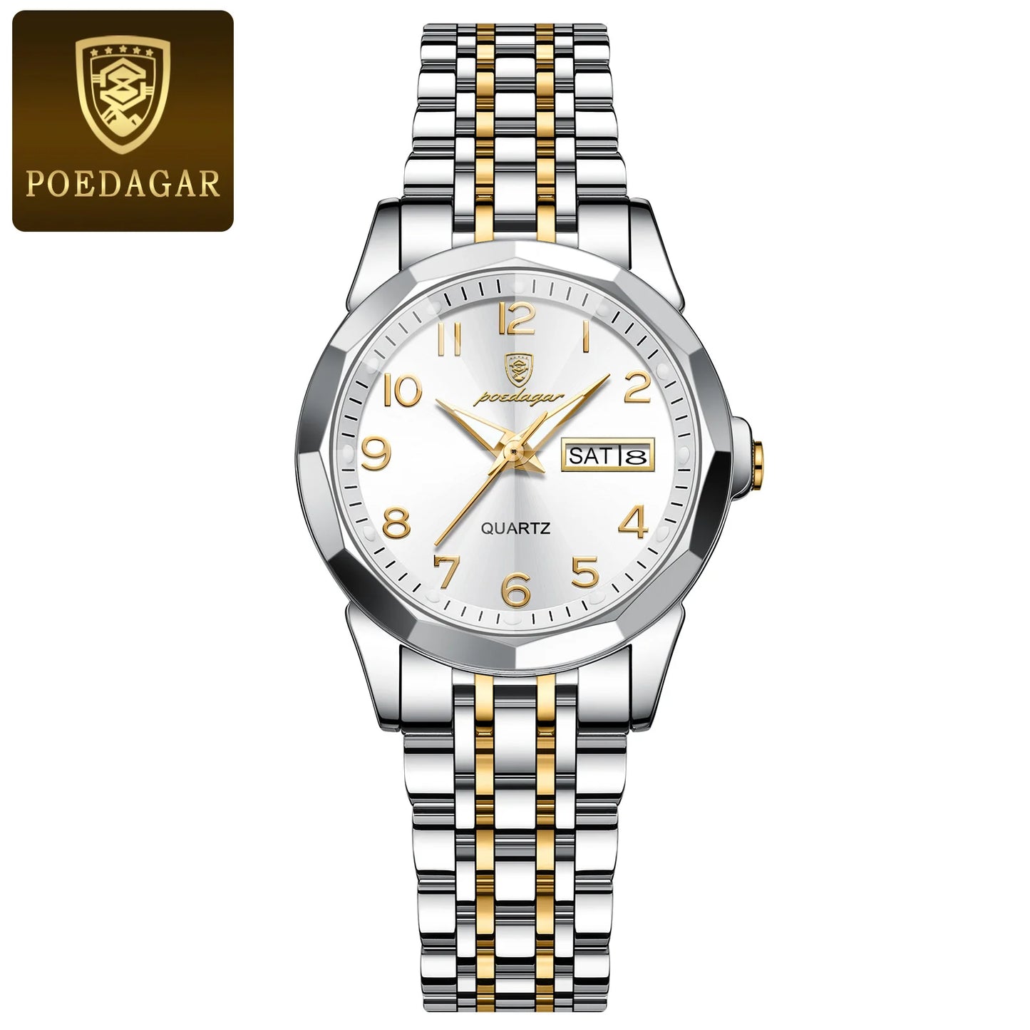 POEDAGAR women's watch with silver and gold stainless steel band and white dial with date display