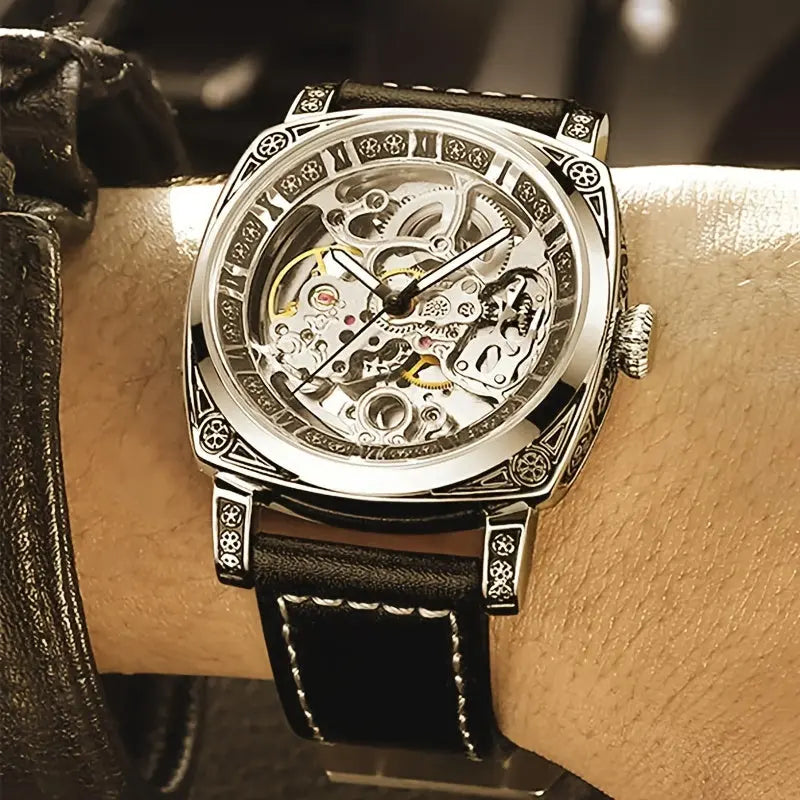 Alcom Distribution premium men's watch with mechanical movement featuring skeleton dial and leather strap