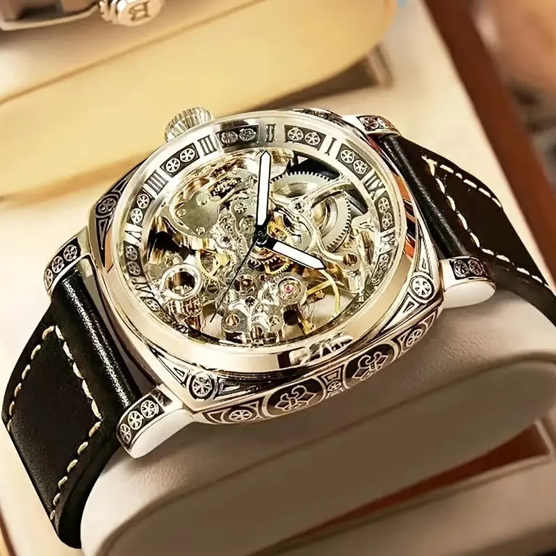 Premium men's watch with mechanical movement featuring intricate skeleton dial and black leather strap