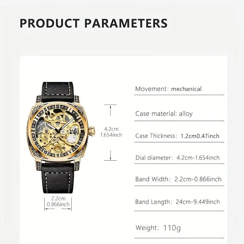 Premium men's watch with mechanical movement by Alcom Distribution featuring alloy case and black leather strap
