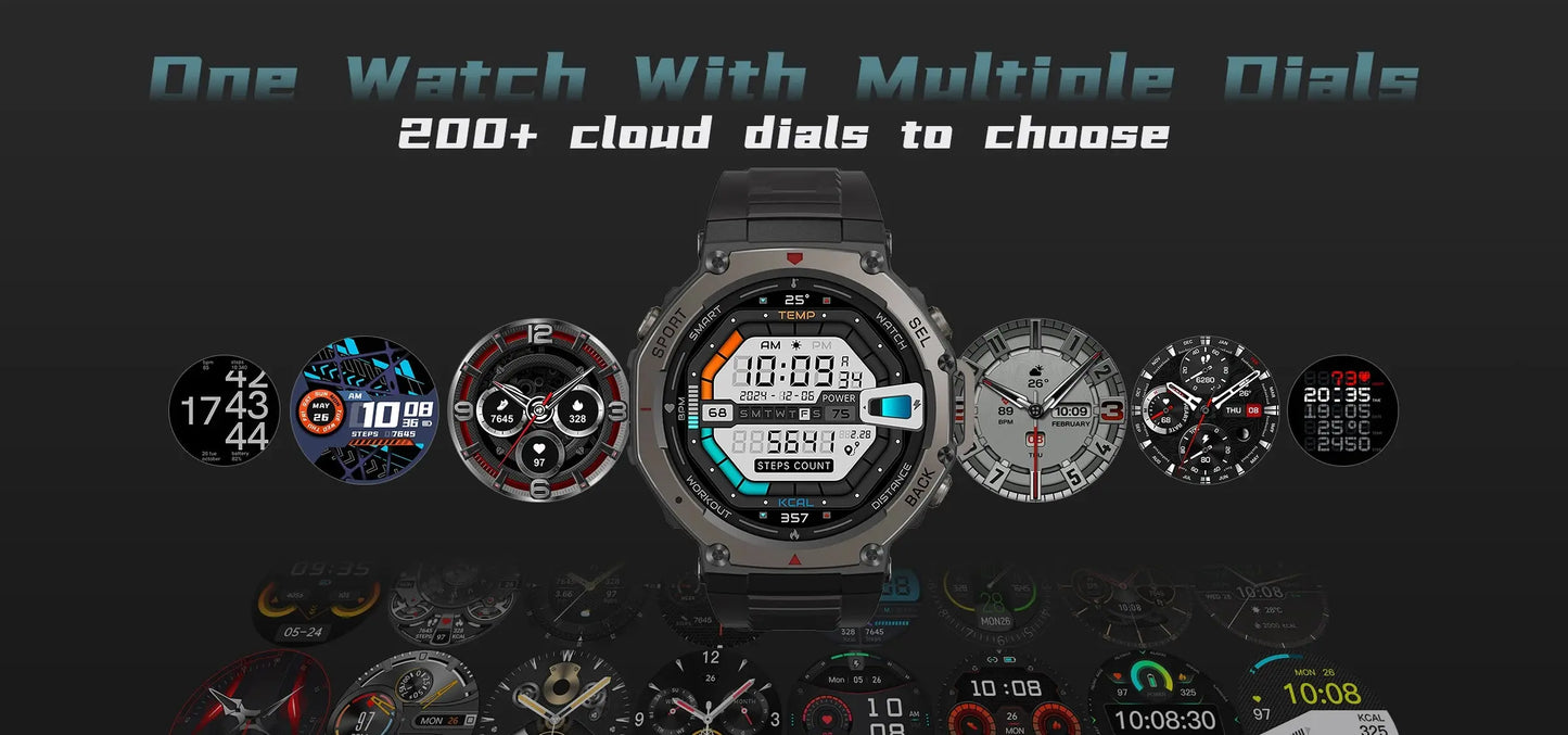 Alcom Distribution rugged smartwatch showing multiple watch faces and cloud dials waterproof AMOLED display smartwatch