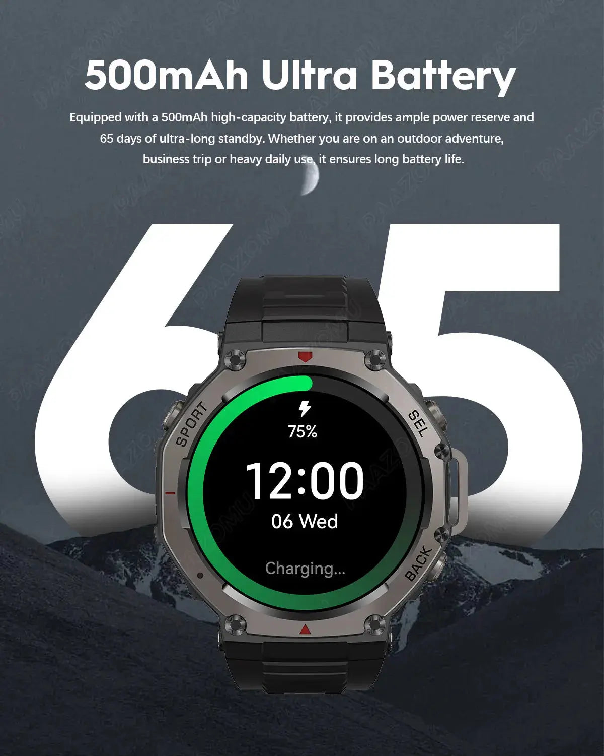 Alcom Distribution rugged outdoor watch with waterproof AMOLED display smartwatch showing charging 75 percent battery