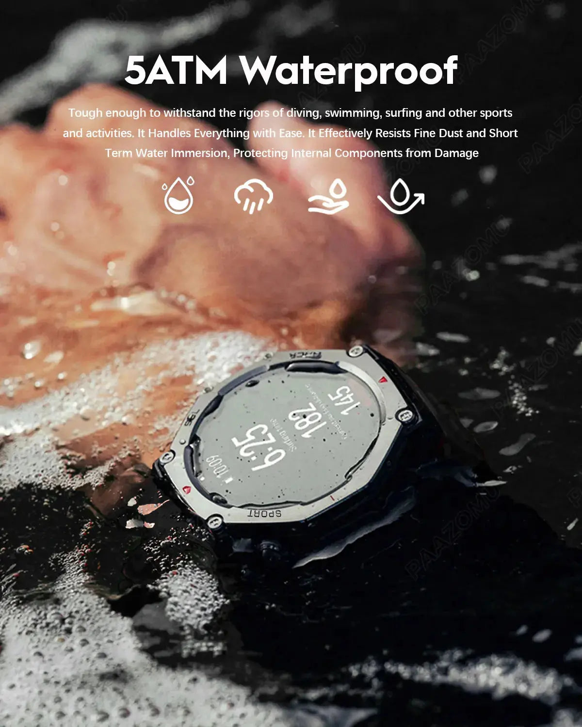 Alcom Distribution rugged 5ATM waterproof AMOLED display smartwatch in water showing time and metrics