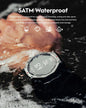 Alcom Distribution rugged 5ATM waterproof AMOLED display smartwatch in water showing time and metrics