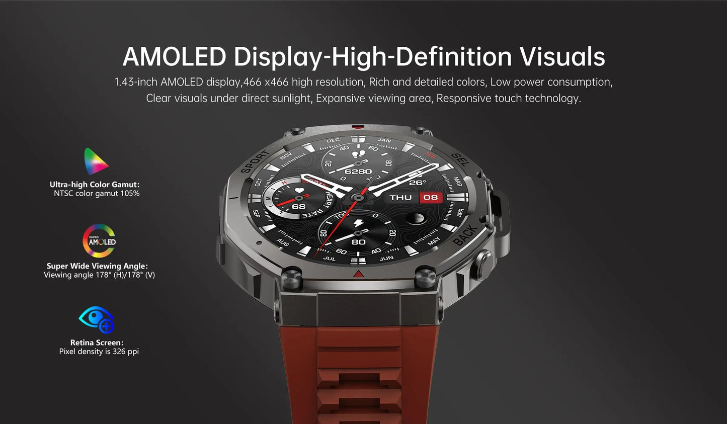Alcom Distribution waterproof AMOLED display smartwatch with metal bezel brown leather strap and hybrid analog digital dial