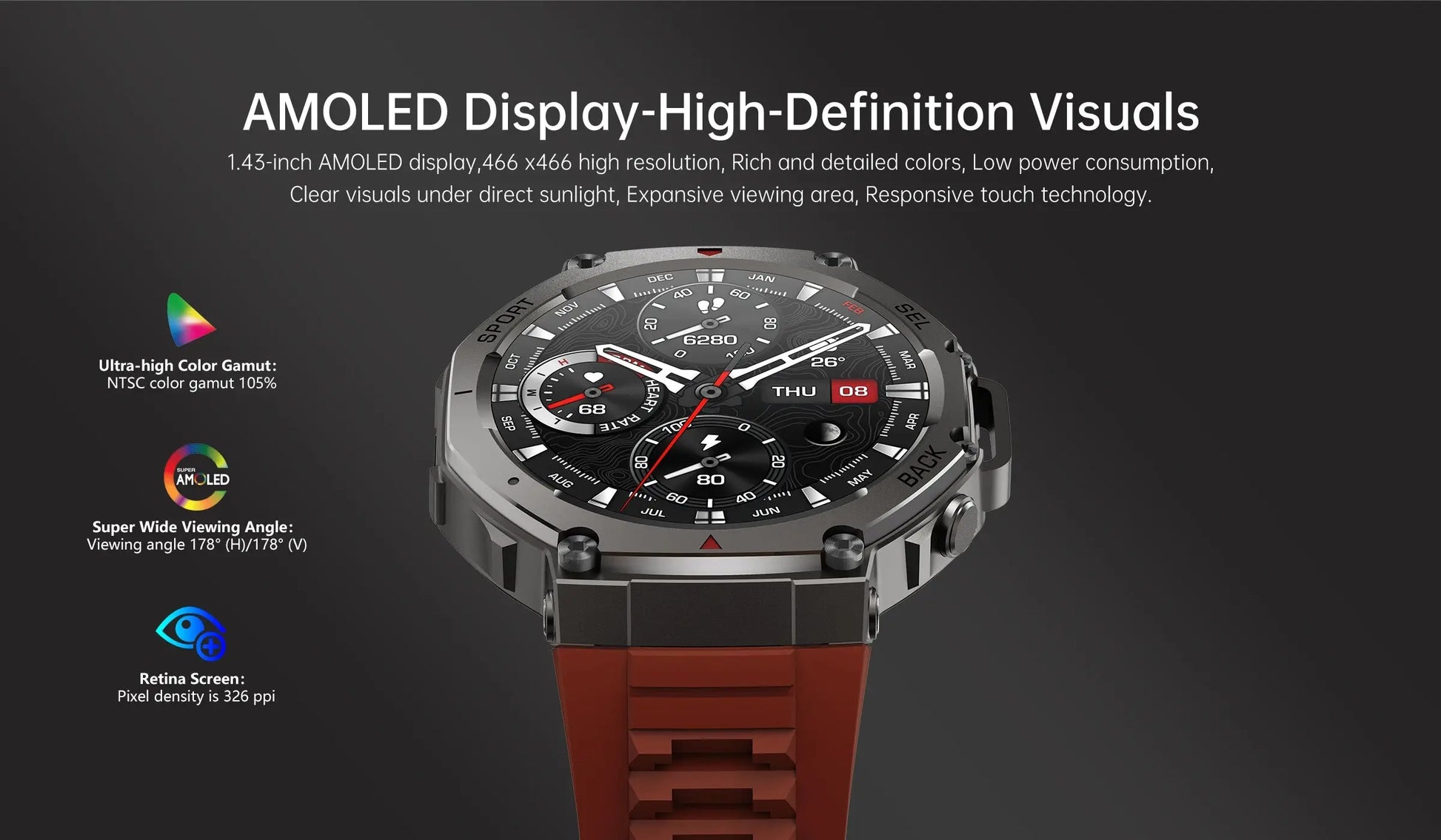 Alcom Distribution waterproof AMOLED display smartwatch with metal bezel brown leather strap and hybrid analog digital dial