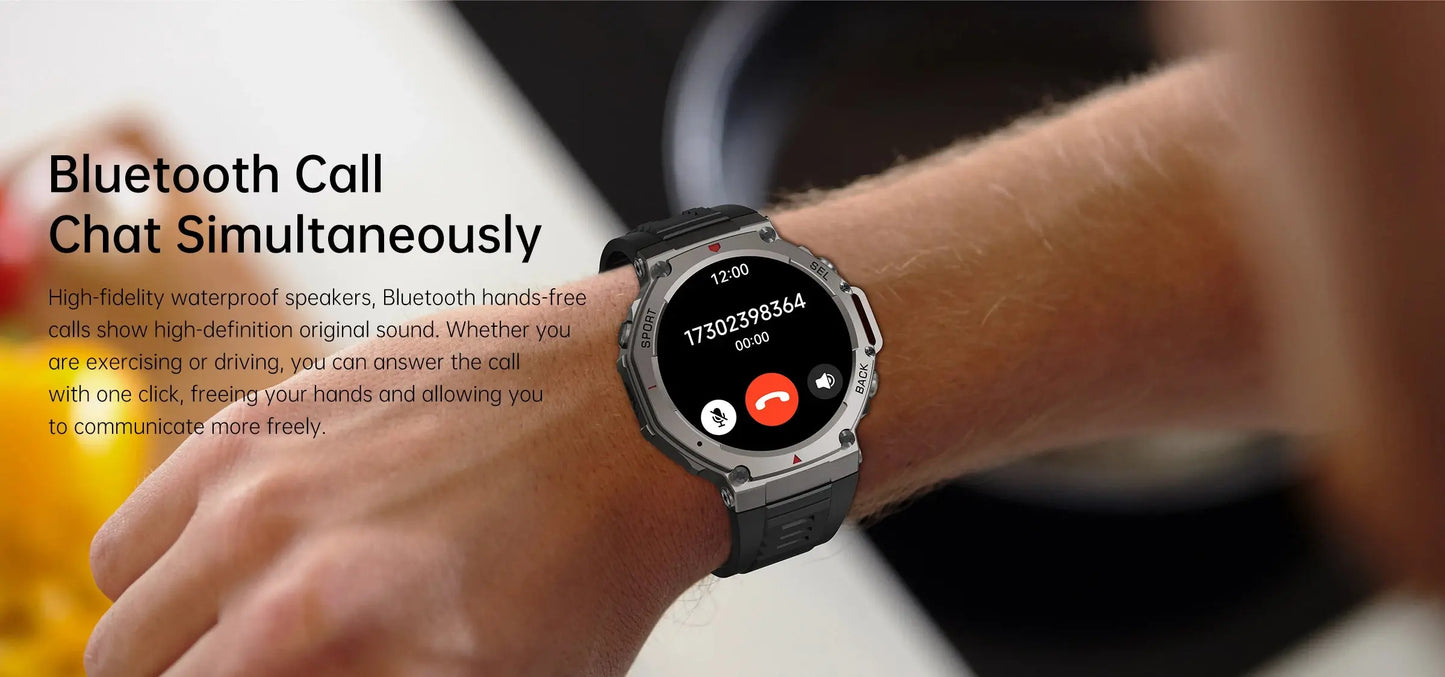 Alcom Distribution watches rugged waterproof AMOLED display smartwatch on wrist showing Bluetooth call screen