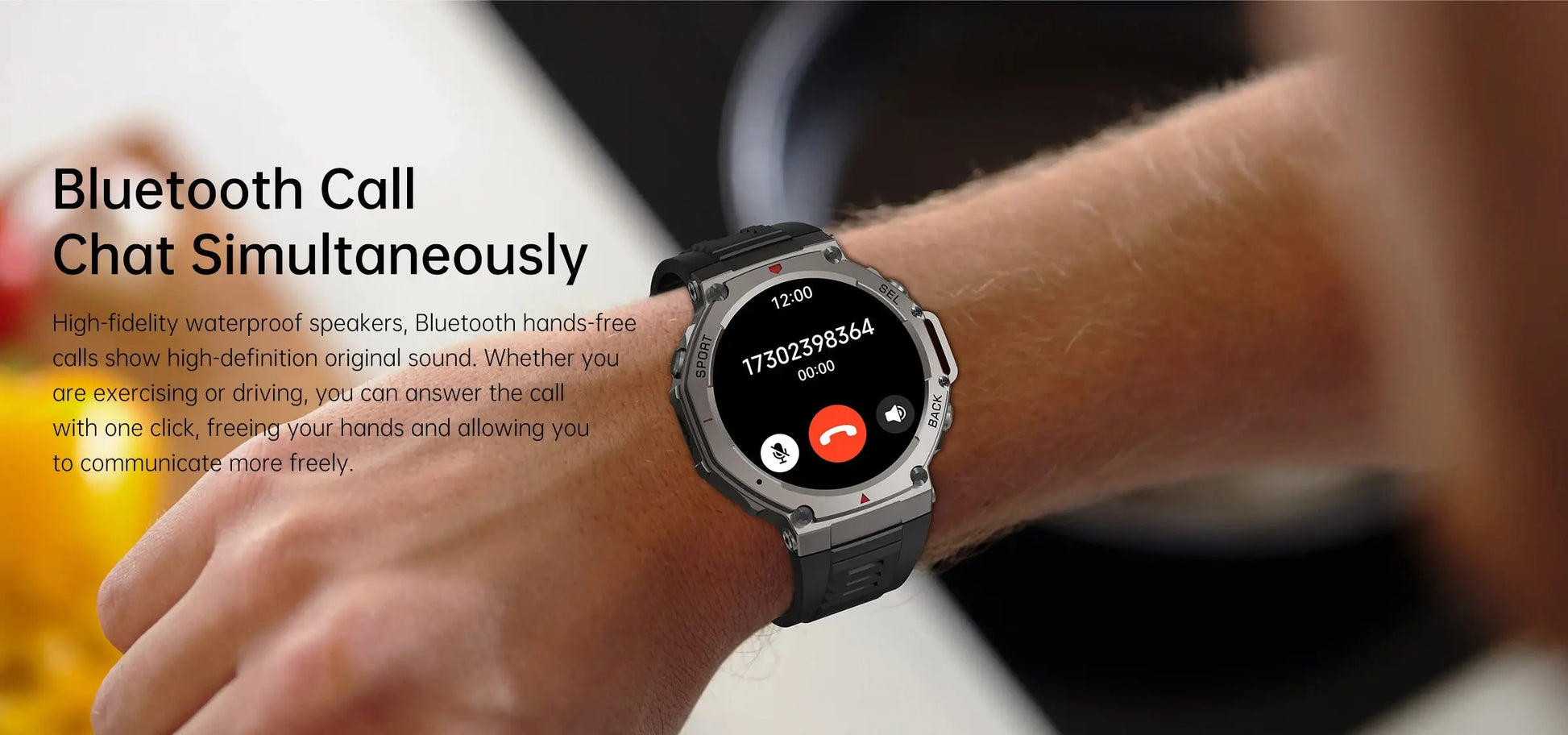 Alcom Distribution watches rugged waterproof AMOLED display smartwatch on wrist showing Bluetooth call screen
