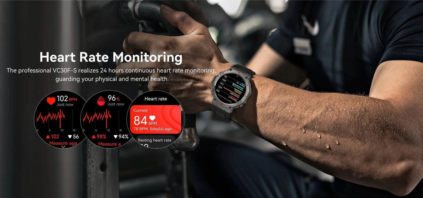 Alcom Distribution waterproof AMOLED display smartwatch on a wrist showing heart rate monitoring during intense gym workout