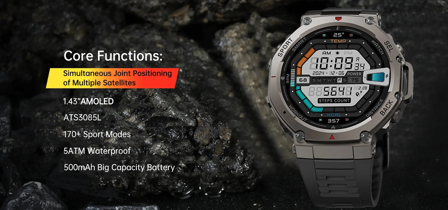 Alcom Distribution rugged outdoor waterproof AMOLED display smartwatch with GPS, over 170 sport modes and 5 ATM rating