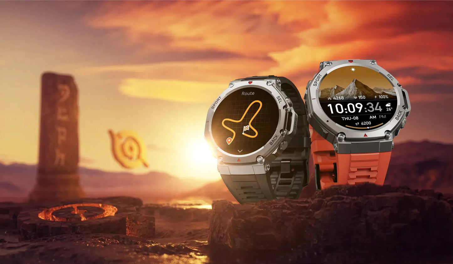 Alcom Distribution rugged dual smartwatches on rocky sunset showing route and time waterproof AMOLED display smartwatch