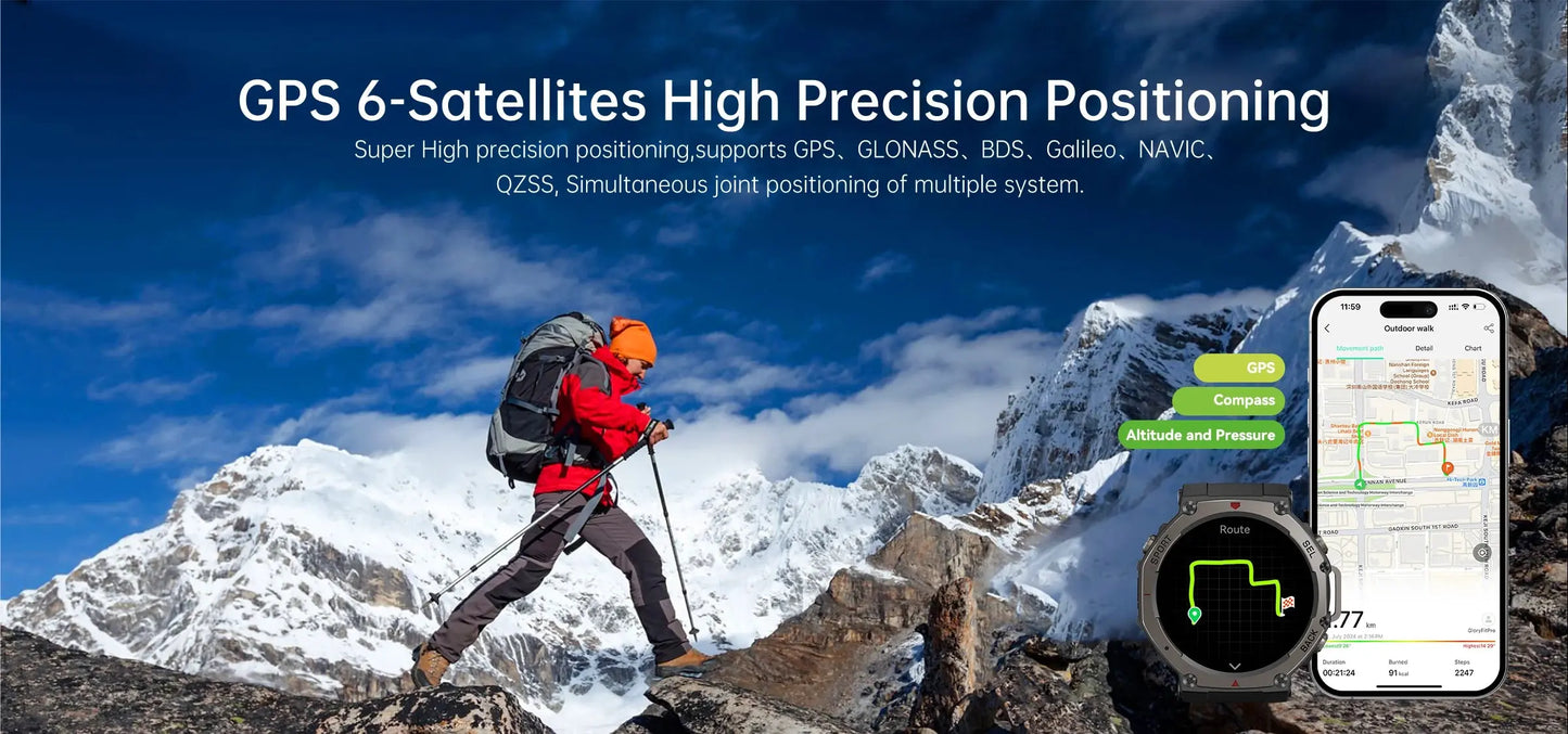 Alcom Distribution waterproof AMOLED display smartwatch showing GPS tracking on mountain hiker smartphone map