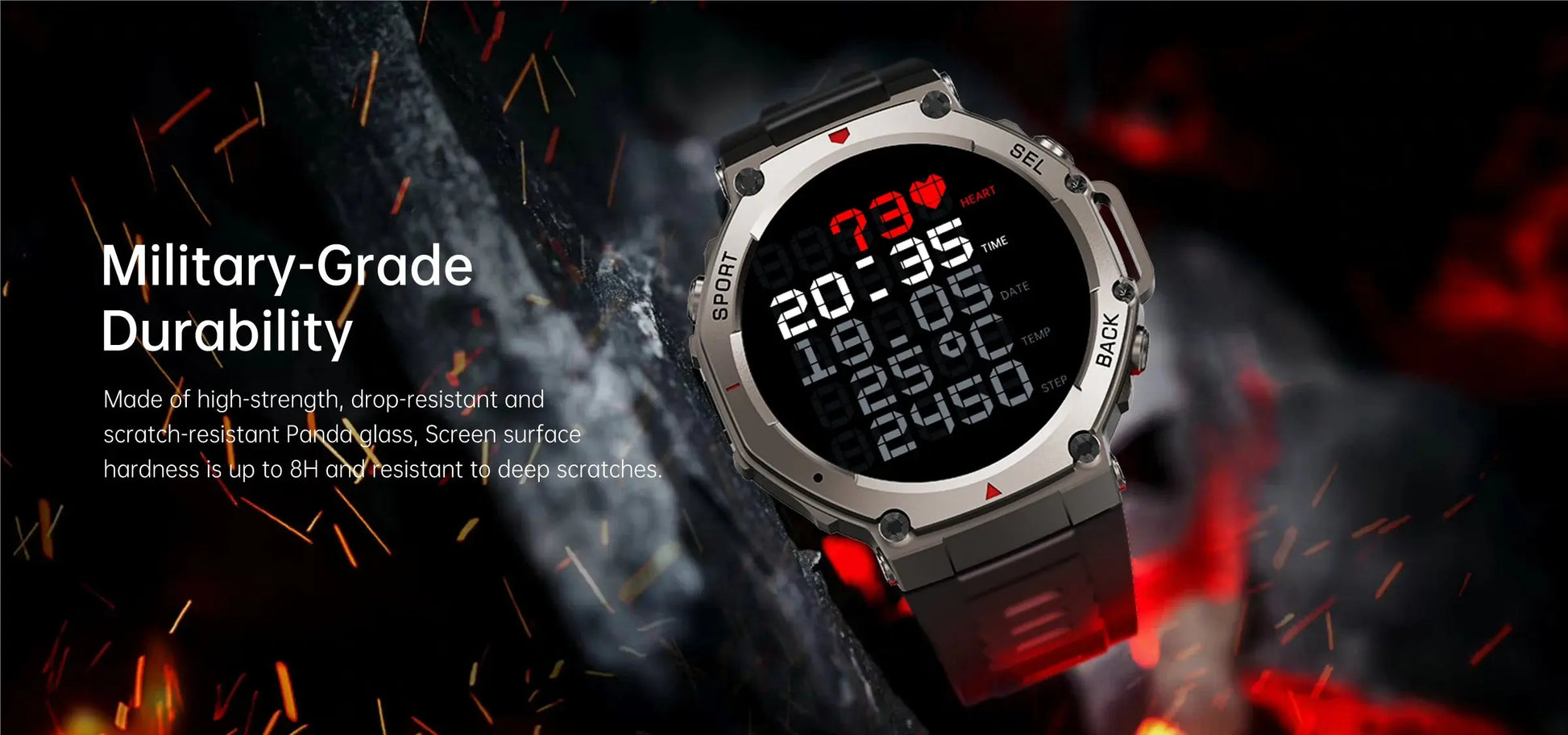Alcom Distribution military grade rugged watch with red accents and waterproof AMOLED display smartwatch