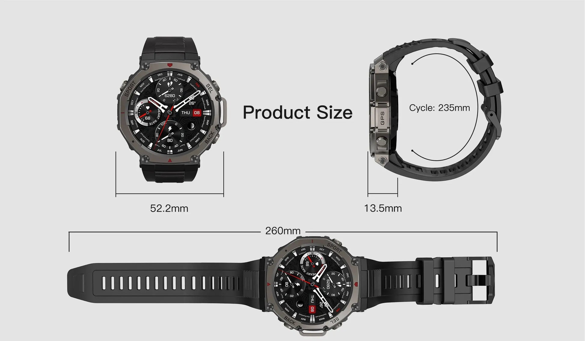 Alcom Distribution waterproof AMOLED display smartwatch shown front side and flat with size dimensions and strap length