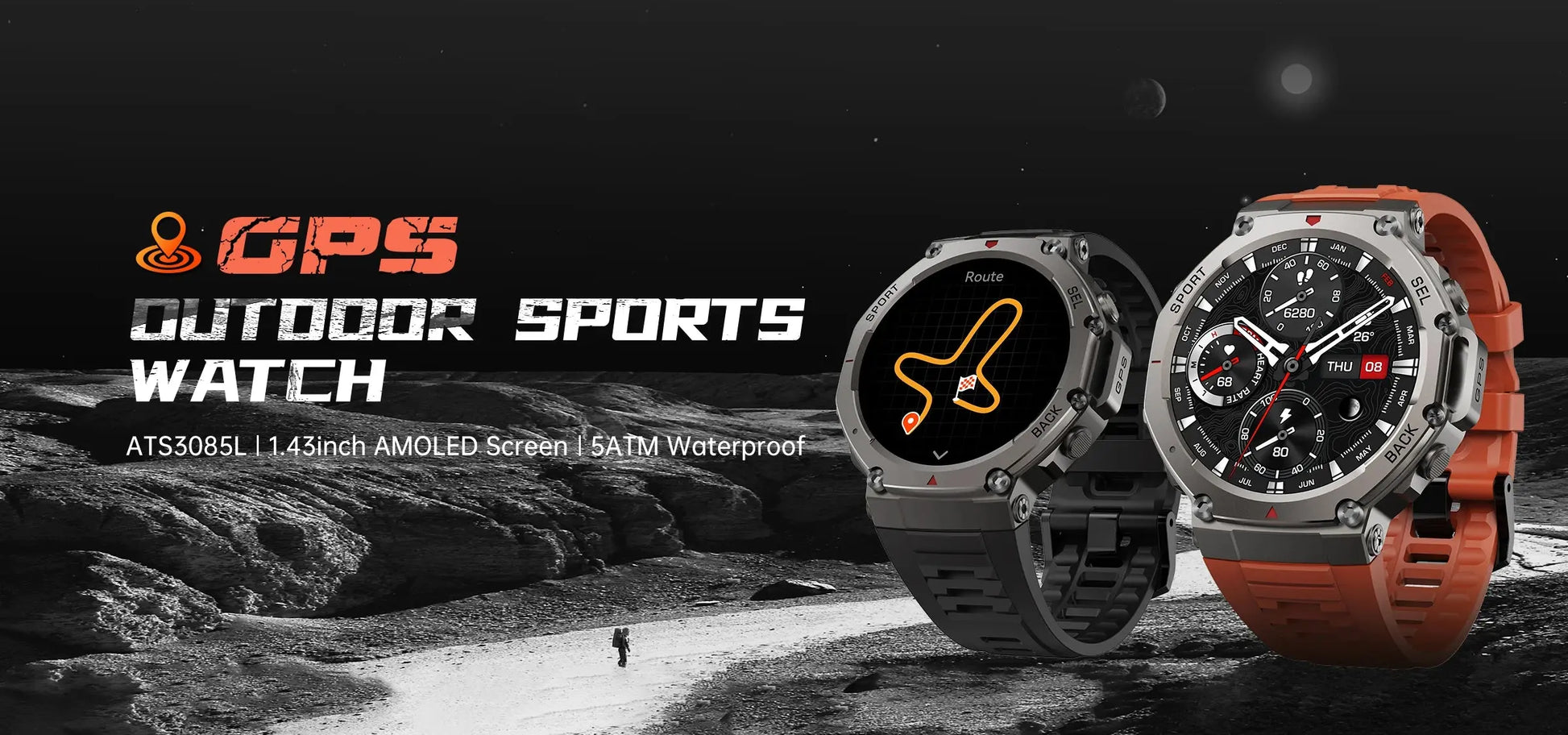 Alcom Distribution GPS outdoor sports watches in gray and silver with orange strap waterproof AMOLED display smartwatch