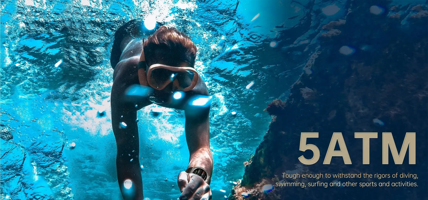 Alcom Distribution waterproof AMOLED display smartwatch worn by diver underwater showing 5ATM durability