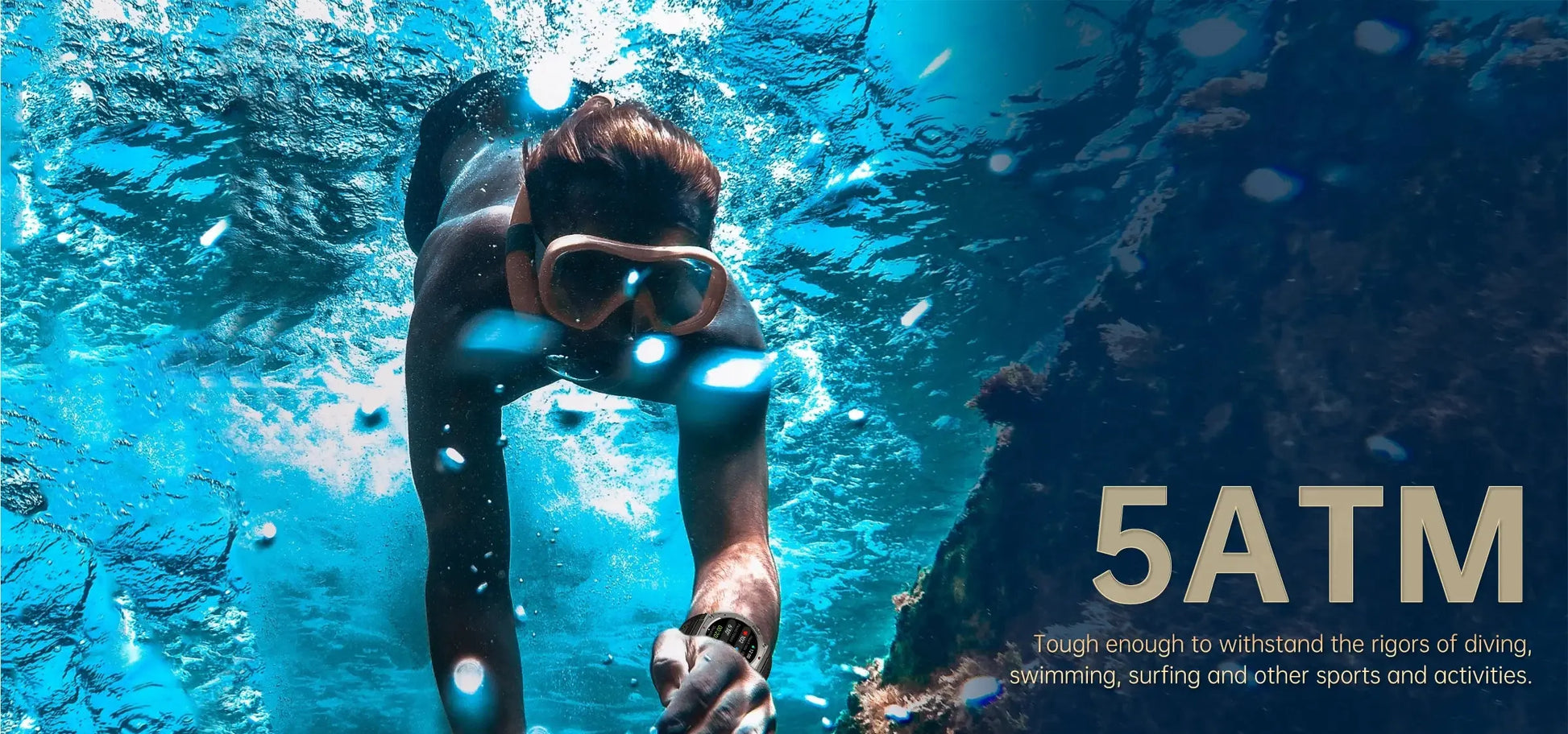 Alcom Distribution waterproof AMOLED display smartwatch worn by diver underwater showing 5ATM durability