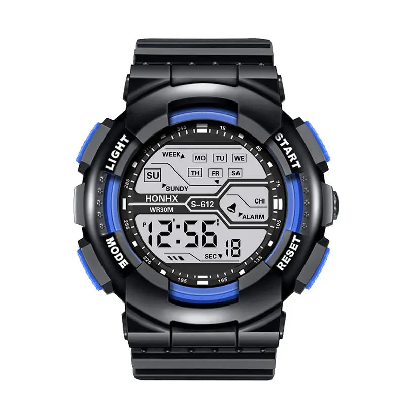 Alcom Distribution large LED waterproof watch with black and blue design and digital display
