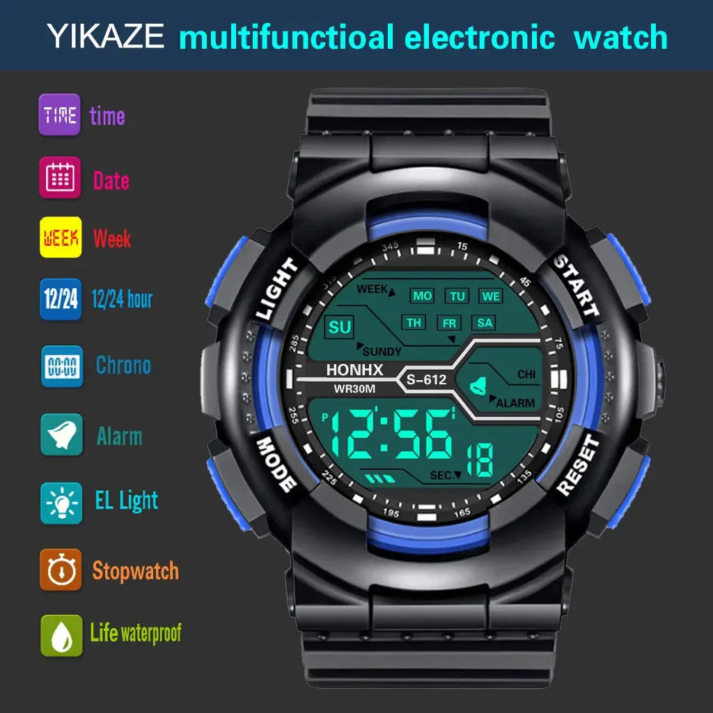 Large LED waterproof watch by Alcom Distribution with multifunctional electronic features and black strap