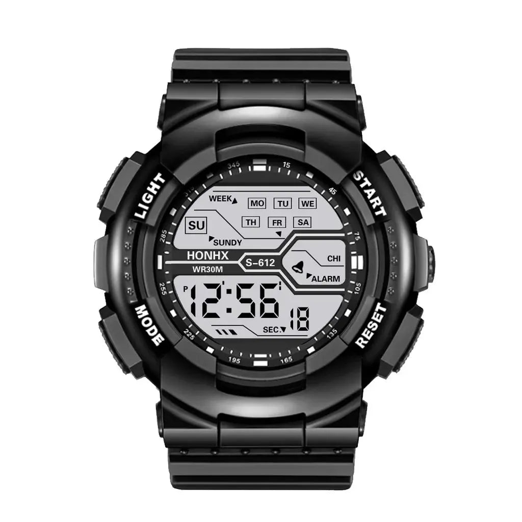 Alcom Distribution large LED waterproof watch in black with digital display and multiple function buttons