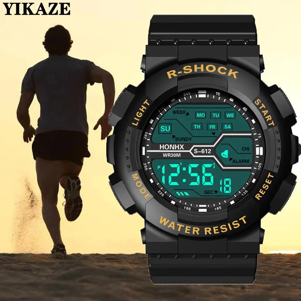 Large LED waterproof watch by Alcom Distribution with black rugged design and digital display