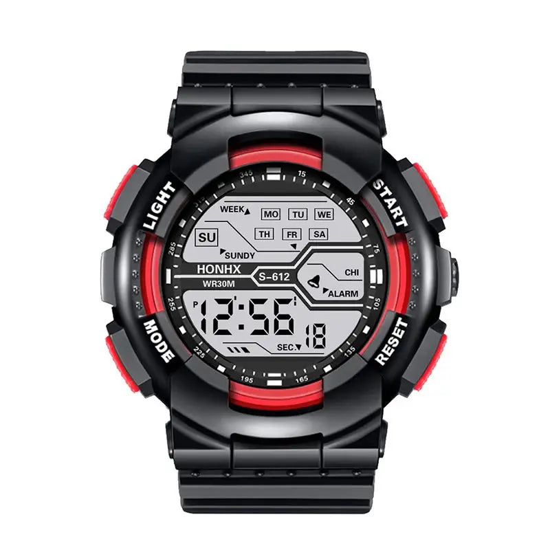 Alcom Distribution large LED waterproof watch with black and red design and digital display