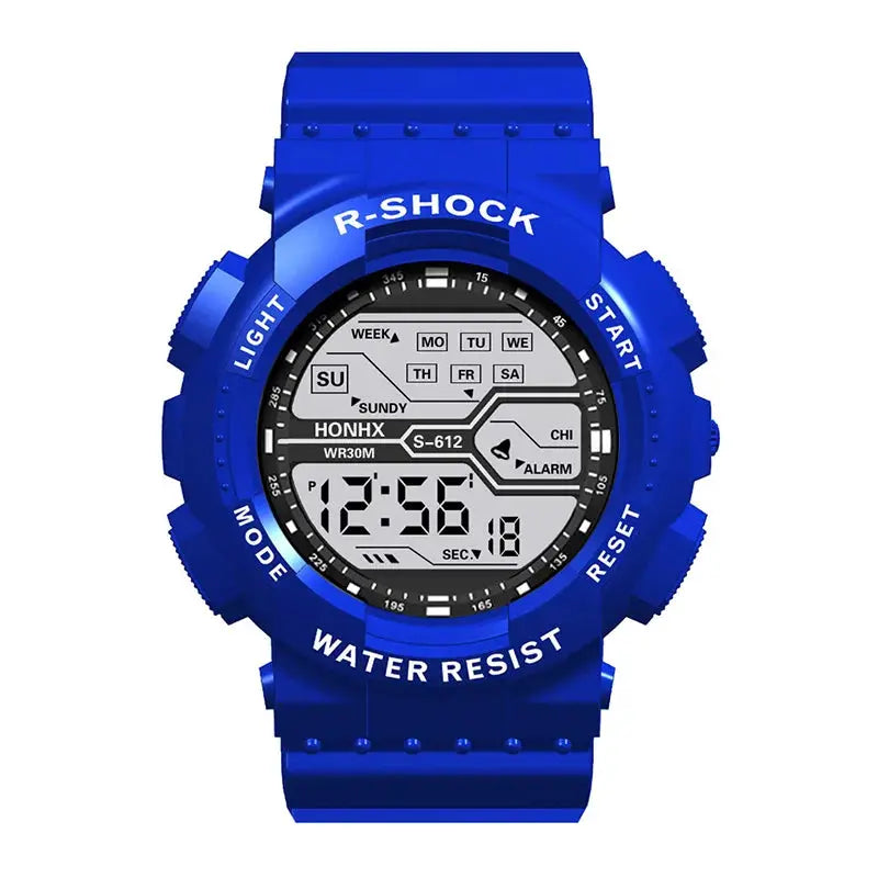 Blue R-Shock large LED waterproof watch with digital display and water resistance up to 30 meters