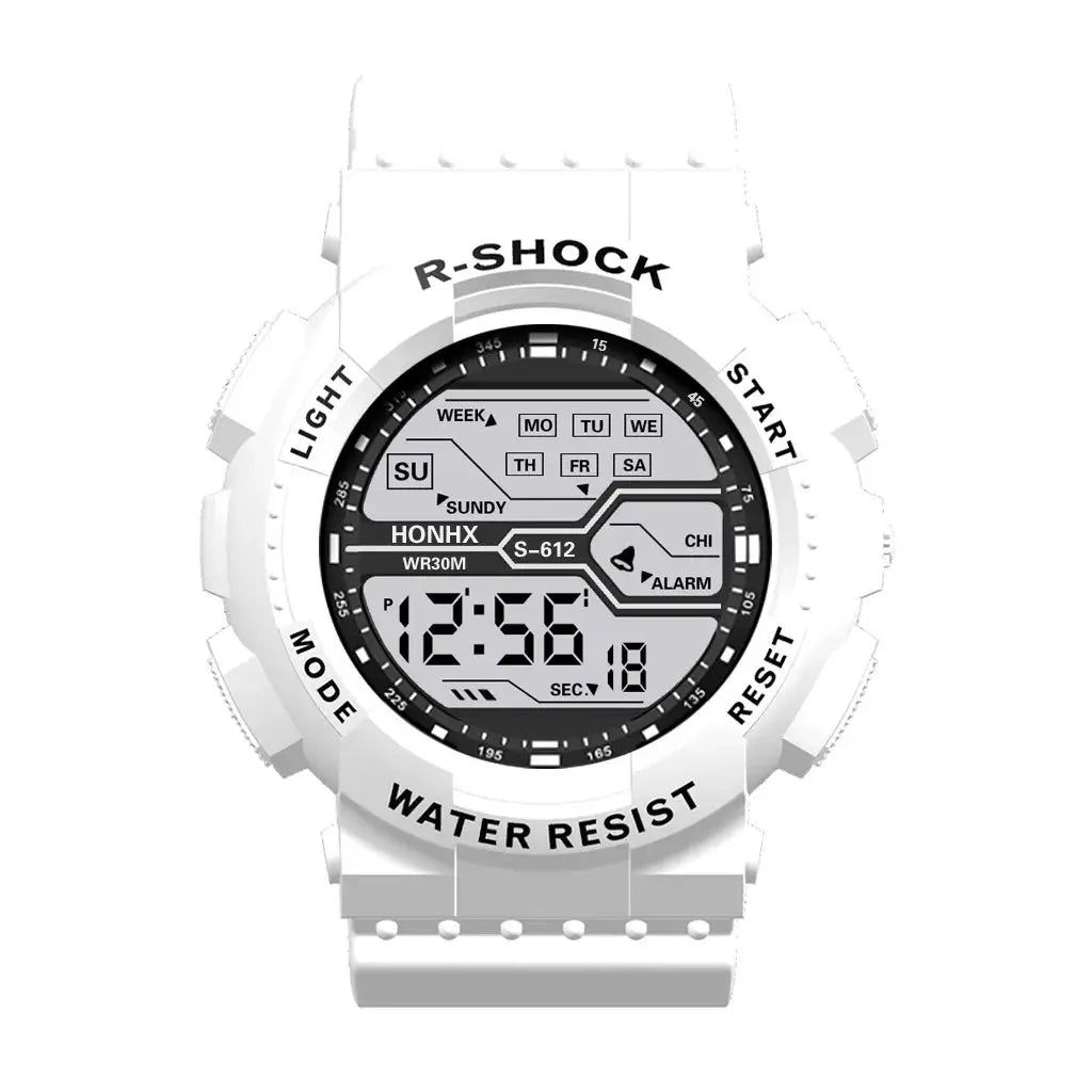 Alcom Distribution large LED waterproof watch with white strap and digital display