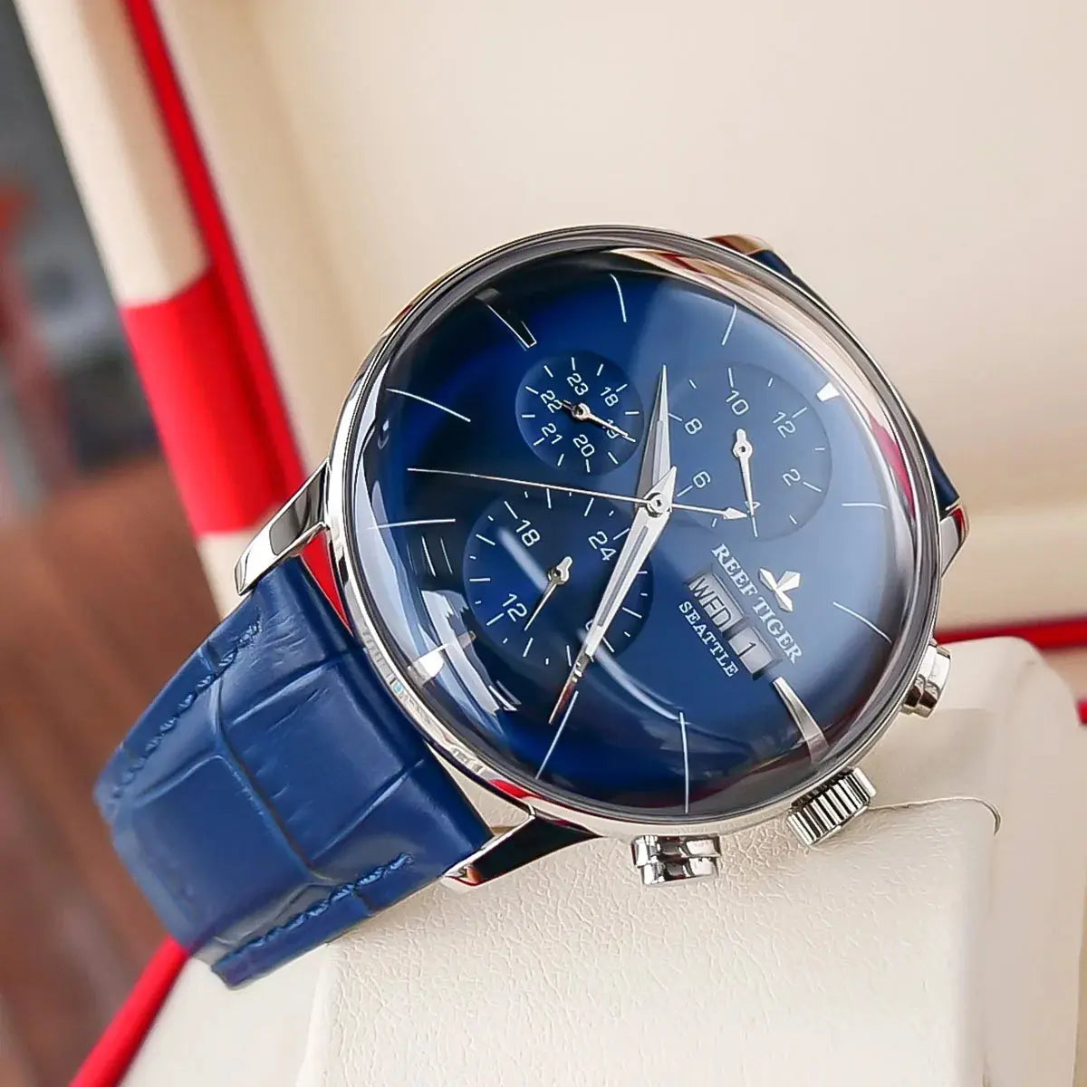 Reef Tiger luxury men's watch with blue dial and leather strap by Alcom Distribution