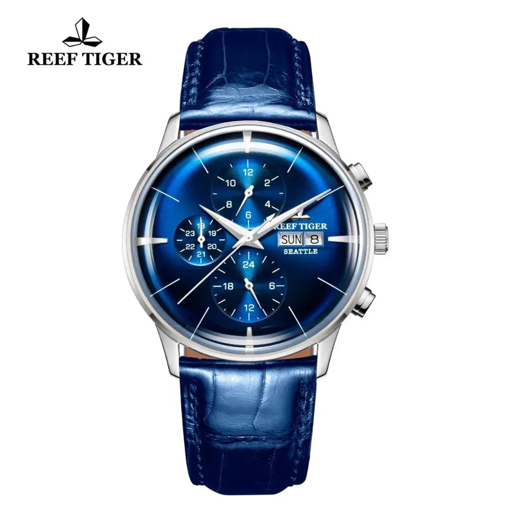 Reef Tiger luxury men's watch with blue dial and leather strap from Alcom Distribution