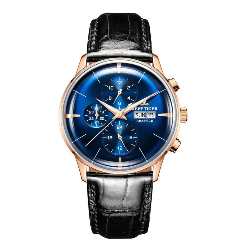 Reef Tiger luxury men's watch with blue dial, rose gold case, and black leather strap by Alcom Distribution