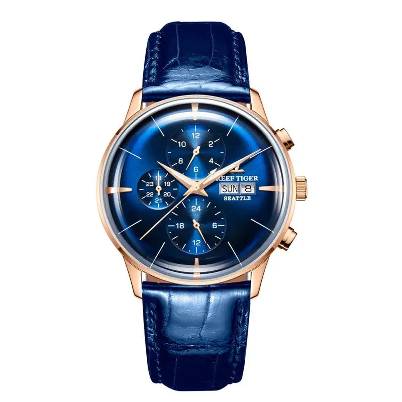Reef Tiger luxury men's watch with blue leather strap and rose gold case by Alcom Distribution