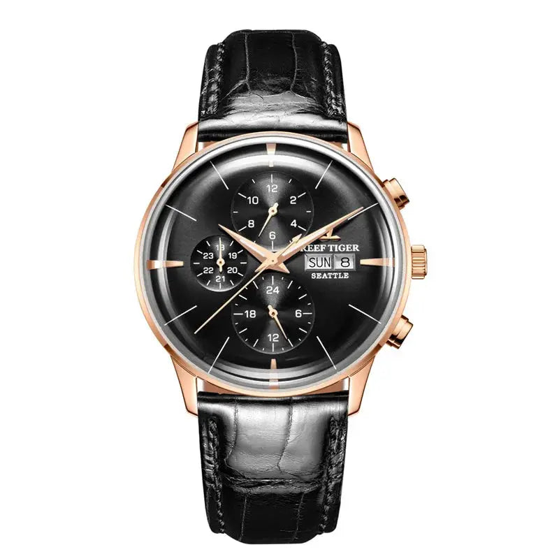 Reef Tiger luxury men's watch with black leather strap and rose gold case by Alcom Distribution