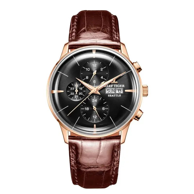 Reef Tiger luxury men's watch with brown leather strap and black dial by Alcom Distribution