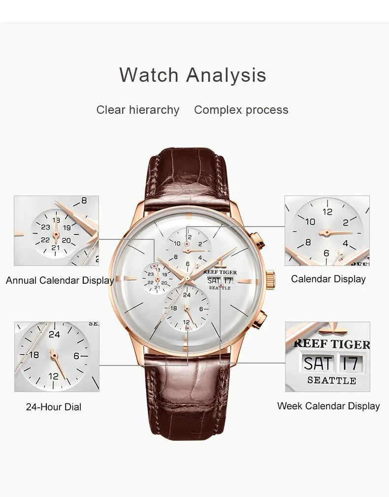 Reef Tiger luxury men's watch with brown leather strap and multiple calendar displays by Alcom Distribution