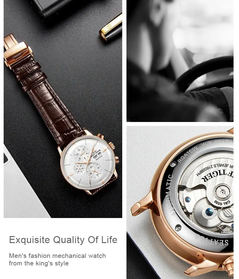 Reef Tiger luxury men's watch with brown leather strap and rose gold case showing front dial and mechanical back