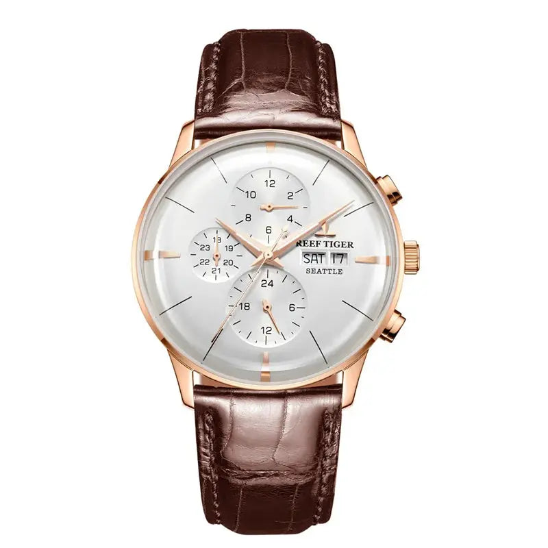 Reef Tiger luxury men's watch with rose gold case and brown leather strap by Alcom Distribution