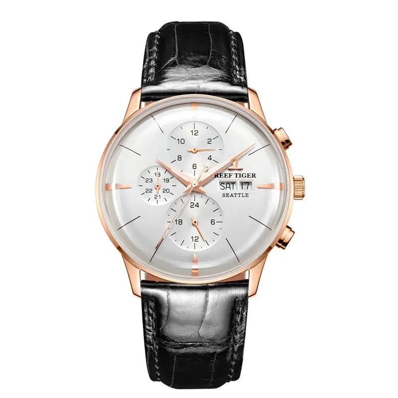 Reef Tiger luxury men's watch with rose gold case and black leather strap by Alcom Distribution