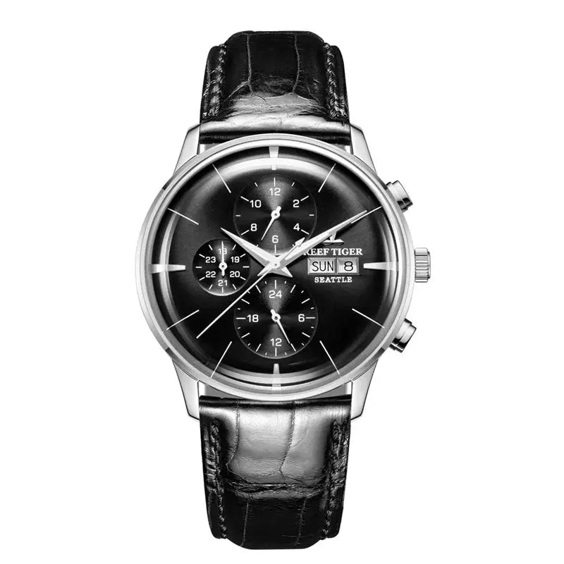 Reef Tiger luxury men's watch with black dial, chronograph features, and black leather strap