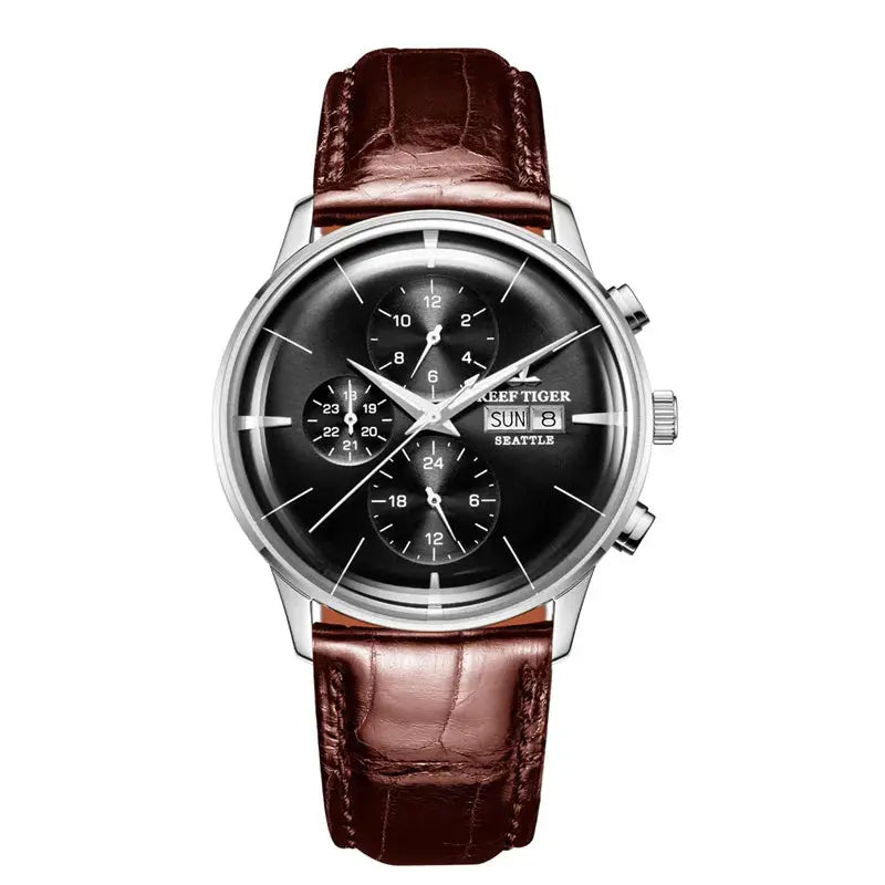 Reef Tiger luxury men's watch with black dial and brown leather strap by Alcom Distribution