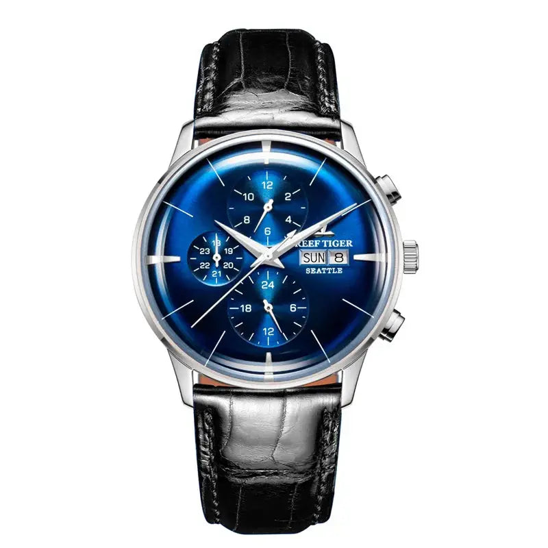 Reef Tiger luxury men's watch with blue dial, chronograph features, and black leather strap