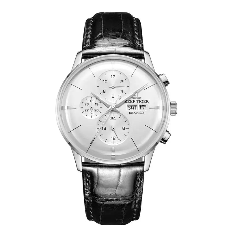 Reef Tiger luxury men's watch with silver dial black leather strap and chronograph features